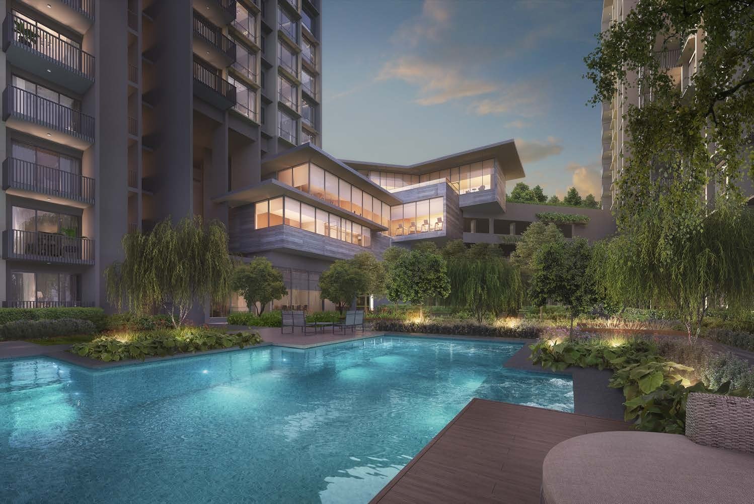 Pool and clubhouse at dusk (artist’s impression)